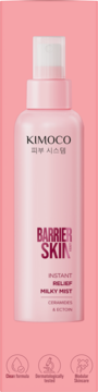 KIMOCO Barrier Skin Instant Relief Milky Mist, różowa butelka z białym korkiem, widok z przodu na różowym tle.