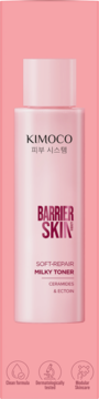KIMOCO Barrier Skin Soft-Repair Milky Toner, różowa butelka z ceramidami, widok z przodu. Tonik do regeneracji.