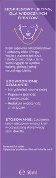 Tył fioletowego opakowania kremu liftingującego 50 ml, z opisem działania, stosowania i ikoną twarzy.