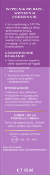 Fioletowa etykieta kremu wypełniającego SPF 50+ 40ml. Widoczny opis ultralekkiej formuły, ochrony UVA/UVB, IR i HEV.
