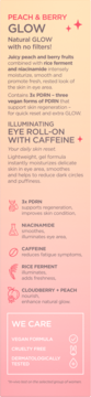 Product label: Peach & Berry Glow Illuminating Eye Roll-On with Caffeine, describing benefits and key ingredients.
