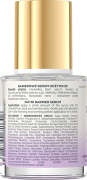 Tył przezroczystej butelki barierowego serum odżywczego ze złotą nakrętką i listą składników INCI.