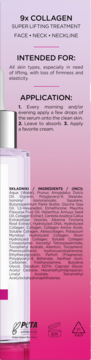 Tył serum 9x Collagen Super Lifting Treatment. Biała etykieta z tekstem o zastosowaniu, składzie i logo PETA.