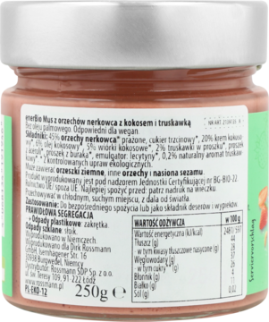 Tył słoika masła z orzechów nerkowca Rossmann z kokosem i truskawką, widoczna etykieta ze składem 250g.