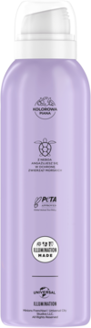 Tył lawendowej butelki pianki Kolorowa Piana dla dzieci, z logo PETA, żółwia i Universal Illumination.