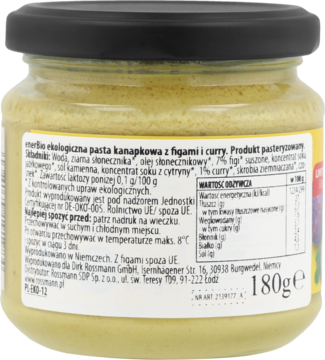 Tylna etykieta bio pasty kanapkowej Rossmann z figami i curry 180g, w szklanym słoiku z czarną nakrętką.