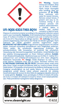 Tył odświeżacza do pościeli Fabranticod z piktogramem ostrzegawczym, tekstem i ikonami utylizacji. Biała etykieta.