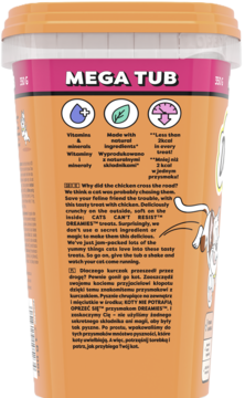 Tył opakowania DREAMIES Mega Tub, pomarańczowe przysmaki dla kota z kurczakiem, z ikonami i kotem.
