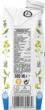 Tył kartonu Mizu Green Tea Ginkgo Biloba 500ml. Białe opakowanie z zielonymi liśćmi, wartości odżywcze i kod.