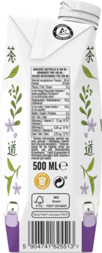 Tył kartonu Mizu White Tea Jasmine-Moringa 500ml. Widoczne informacje odżywcze, zielone liście, fioletowe kwiaty.