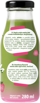 Tył szklanej butelki matcha latte o smaku truskawkowym 280 ml, z zielonym napojem i listą składników.