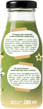 Tył zielonej butelki matcha latte z wanilią, z widocznymi listami składników w języku polskim i angielskim.