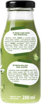 Tył szklanej butelki zielonego napoju matcha latte 280ml, z białą etykietą i listą składników.