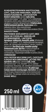 Tył ciemnego opakowania napoju proteinowego czekoladowego 250 ml, bez laktozy, z białym tekstem i kodem.