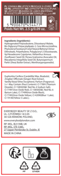 Tył opakowania pomadki Everybody London Plumping Lipstick z kodem kreskowym i listą składników.