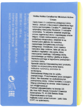 Tył niebieskiego opakowania kremu Holika Holika Ceramide Moisture Active Cream z polskim opisem.