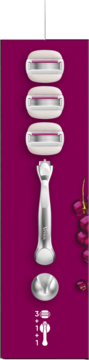 Maszynka Gillette Venus PRO ComfortGlide biało-srebrna, 3 wkłady, uchwyt, na fioletowym tle z jagodami.