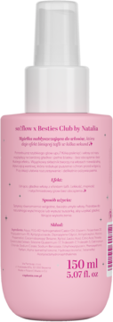 Tył różowej mgiełki nabłyszczającej so!flow x Besties Club by Natalia, ze składem i pojemnością 150 ml.
