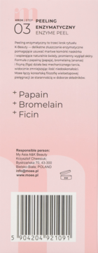 Tył różowego opakowania Moee 3Enzyme Peel z listą składników (Papain, Bromelain, Ficin), kodem kreskowym i danymi kontaktowymi.