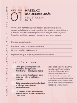 Różowa ulotka Moee Velvet Clean Balm: masło do demakijażu, kroki użycia i opis produktu w języku polskim.