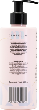 Tył różowego mydła w płynie Centella Nawilżające 300ml, z czarną pompką i kodem kreskowym.