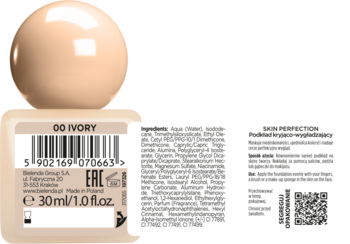Bielenda SKIN PERFECTION długotrwały podkład 00 IVORY. Jasna butelka z kulistą nakrętką, widok z boku i tyłu.