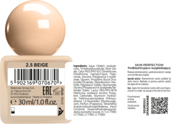 Kryjący podkład SKIN PERFECTION 2.5 BEIGE w beżowej butelce z kulistym korkiem, widok etykiety ze składem.
