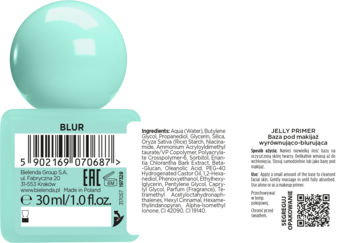 Miętowa etykieta bazy pod makijaż Bielenda Blur Jelly Primer z kulistą zakrętką. Widoczny kod kreskowy, składniki i instrukcje.