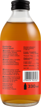 FOREVER YOUNG Kombucha Classic black, szklana butelka 330ml, widok tył z czerwoną etykietą, skład i wartości odżywcze.