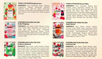 Sześć etykiet masek hydrożelowych Peel Of Plasticide z listami składników i owocowymi motywami.