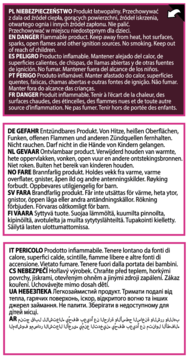Wielojęzyczne etykiety ostrzegawcze produktu łatwopalnego. Fioletowo-białe bloki z instrukcjami bezpieczeństwa i zakazem palenia.