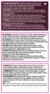 Wielojęzyczna etykieta produktu z ostrzeżeniami o łatwopalności, zakazie palenia, w kilku sekcjach kolorystycznych.