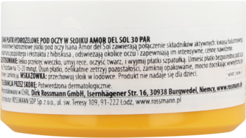 Tył słoika kremu pod oczy Amor Del Sol SPF 50 PA+, biała etykieta z polskim tekstem o produkcie.