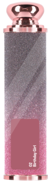 Lśniąca pomadka do ust Birthday Girl, nr 02. Tubka z glitterem ombre róż-srebro, rose gold detale. Widok z przodu.