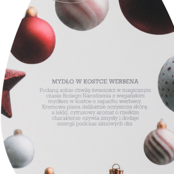 Opis mydła w kostce Verbena na białym tle, otoczony świątecznymi bombkami w odcieniach czerwieni i bieli.