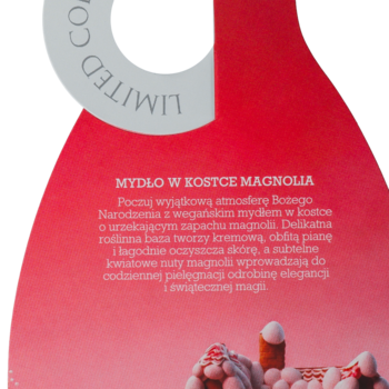Różowa etykieta mydła w kostce Magnolia, edycja limitowana, opisująca wegański skład i zapach magnolii.