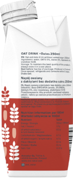 Tył kartonu napoju owsianego z daktylami 250ml, biało-czerwony z informacjami odżywczymi i tekstem PL/EN.