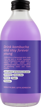 Tył butelki lawendowej kombuchy Forever Young. Fioletowa etykieta z białym tekstem i hasłem "Drink kombucha".