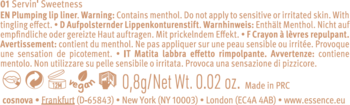 Tył opakowania essence 01 Servin’ Sweetness Plumping Lip Liner: ostrzeżenie o mentolu, waga 0.8g, PRC, ikony.