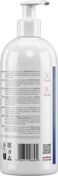 Tył białego szamponu przeciwłupieżowego Seboradin Anti-Dandruff w butelce z pompką, z etykietami i kodem QR.