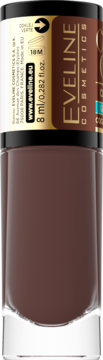 Eveline Cosmetics lakier do paznokci, ciemnobrązowy, w buteleczce 8ml, intensywny kolor, widok z przodu.
