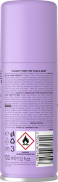 Tył lawendowego sprayu utrwalającego makijaż 40h, 100ml, z napisem MAKEUP FIXER i ikonami ostrzegawczymi.
