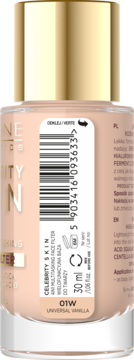 Tył butelki podkładu/bazy Celebrity Skin 4w1 01W Universal Vanilla. Beżowy płyn, złota nakrętka, kod kreskowy.
