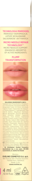 Tył opakowania Eveline lip plumper 4ml z technologią mikroigieł i zdjęciami ust przed/po.