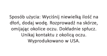 Instrukcja użycia żelu do mycia twarzy, tekst w języku polskim, zawiera sposób aplikacji i ostrzeżenia.