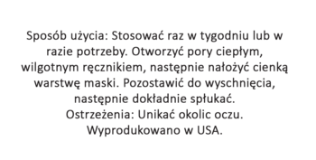 Etykieta z instrukcją użycia maski do twarzy: sposób aplikacji, ostrzeżenia i kraj produkcji w języku polskim.