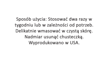Zdjęcie tekstu: Instrukcja użycia maski do twarzy 75ml. Sposób aplikacji i informacja 'Wyprodukowano w USA'.