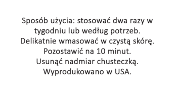 Użycie maski do twarzy: czarny tekst na białym tle, instrukcje aplikacji, czas trzymania, sposób usunięcia i kraj produkcji.