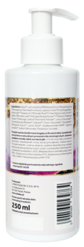 Naturalny płyn do higieny intymnej w białej butelce z pompką, widok z tyłu z etykietą i objętością 250 ml.
