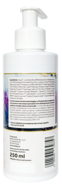 Tył białej butelki 250 ml z pompką, naturalnego płynu do higieny intymnej, z widoczną listą składników.